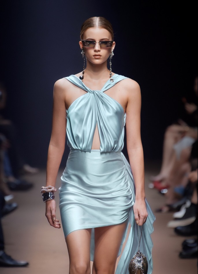 PRE-ORDER : DRAPED SILK SATIN BACKLESS DRESS - ICE BLUE